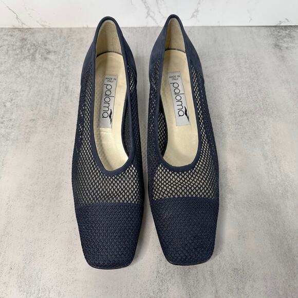 Paloma Fish Net Pumps WMNS US 8 Blue Square Toe Woven/Leather Dress Heels Italy - Picture 2 of 7